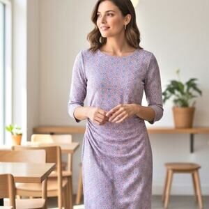 J. McLaughlin Side Ruched 3/4 Sleeve Blue Dress SMALL Print Preppy Classic